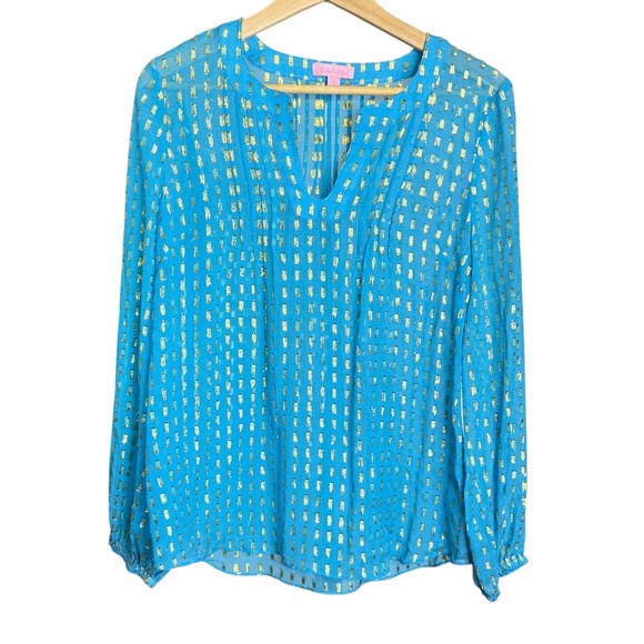 Lilly Pulitzer Tops - Lilly Pulitzer Colby Silk Metallic Dot‎ Blouse Blue